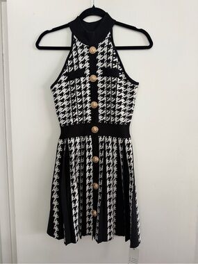 Black & White Houndstooth Halter Mini Dress with Gold Buttons